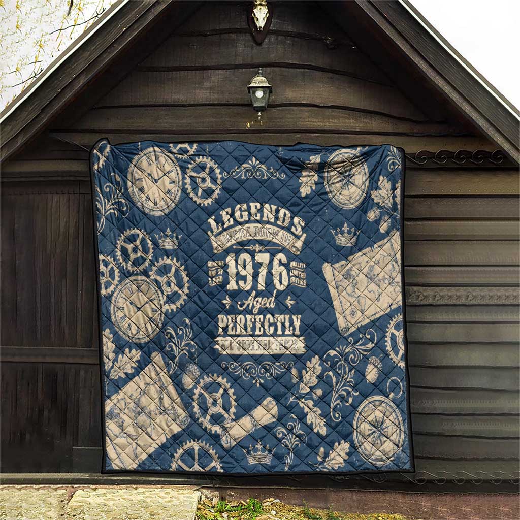 Legend 1976 Vintage Gears and Scrolls Design Quilt with Crown Motif in Classic Blue and Beige Retro