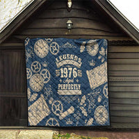 Legend 1976 Vintage Gears and Scrolls Design Quilt with Crown Motif in Classic Blue and Beige Retro