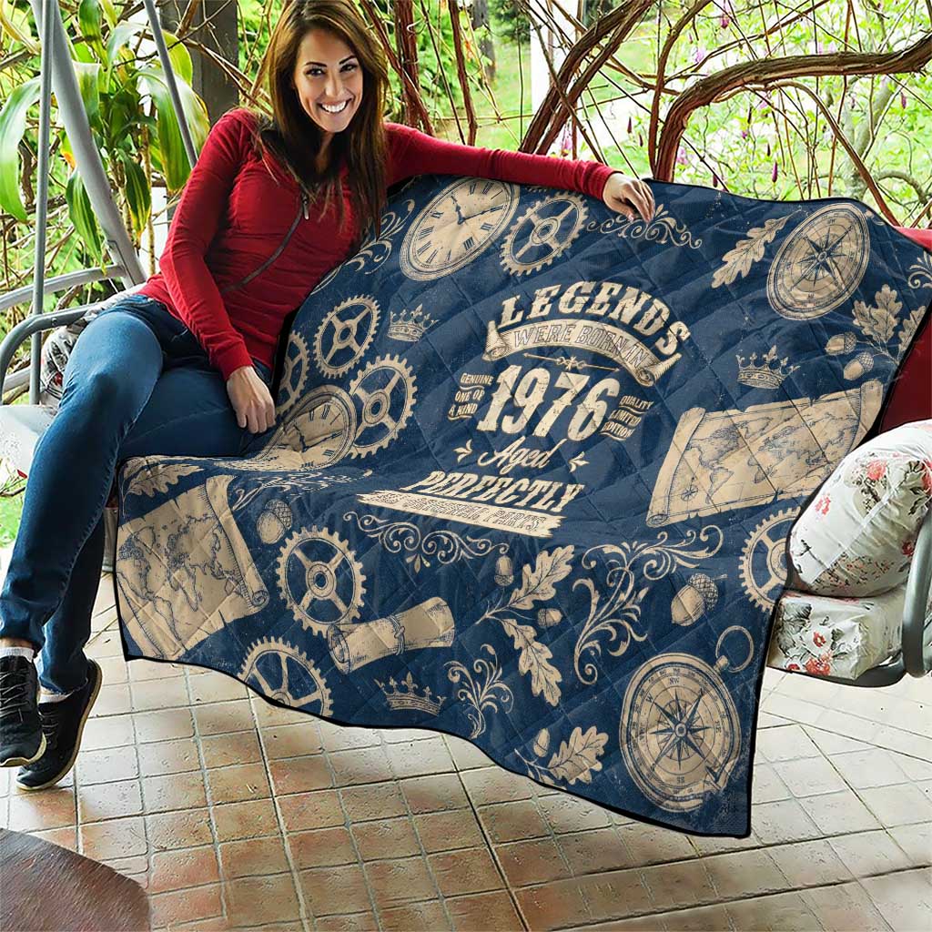 Legend 1976 Vintage Gears and Scrolls Design Quilt with Crown Motif in Classic Blue and Beige Retro