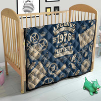 Legend 1976 Vintage Gears and Scrolls Design Quilt with Crown Motif in Classic Blue and Beige Retro