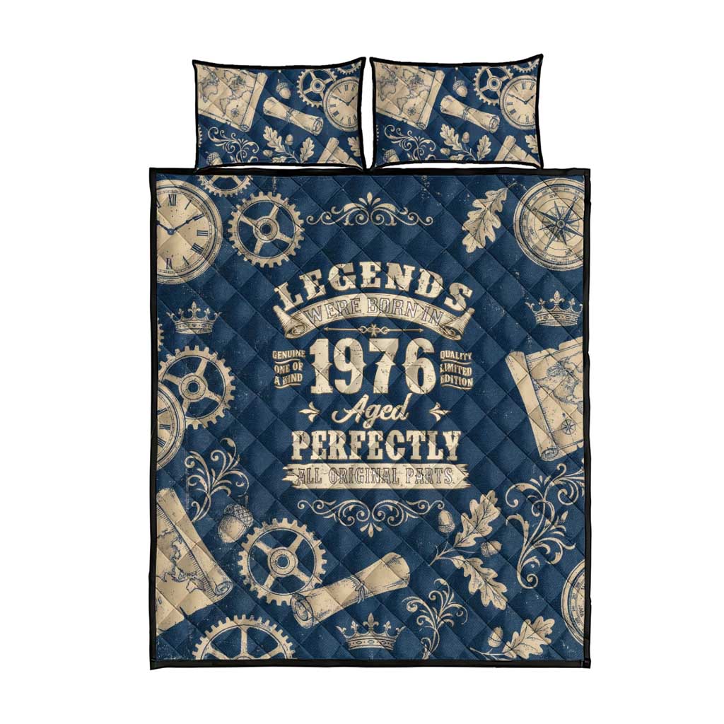 Legend 1976 Vintage Gears and Scrolls Design Quilt Bed Set with Crown Motif in Classic Blue and Beige Retro