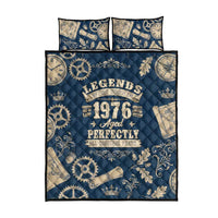 Legend 1976 Vintage Gears and Scrolls Design Quilt Bed Set with Crown Motif in Classic Blue and Beige Retro