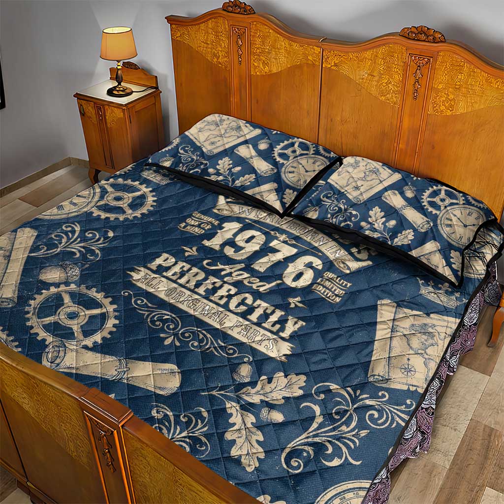 Legend 1976 Vintage Gears and Scrolls Design Quilt Bed Set with Crown Motif in Classic Blue and Beige Retro