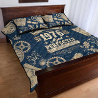 Legend 1976 Vintage Gears and Scrolls Design Quilt Bed Set with Crown Motif in Classic Blue and Beige Retro