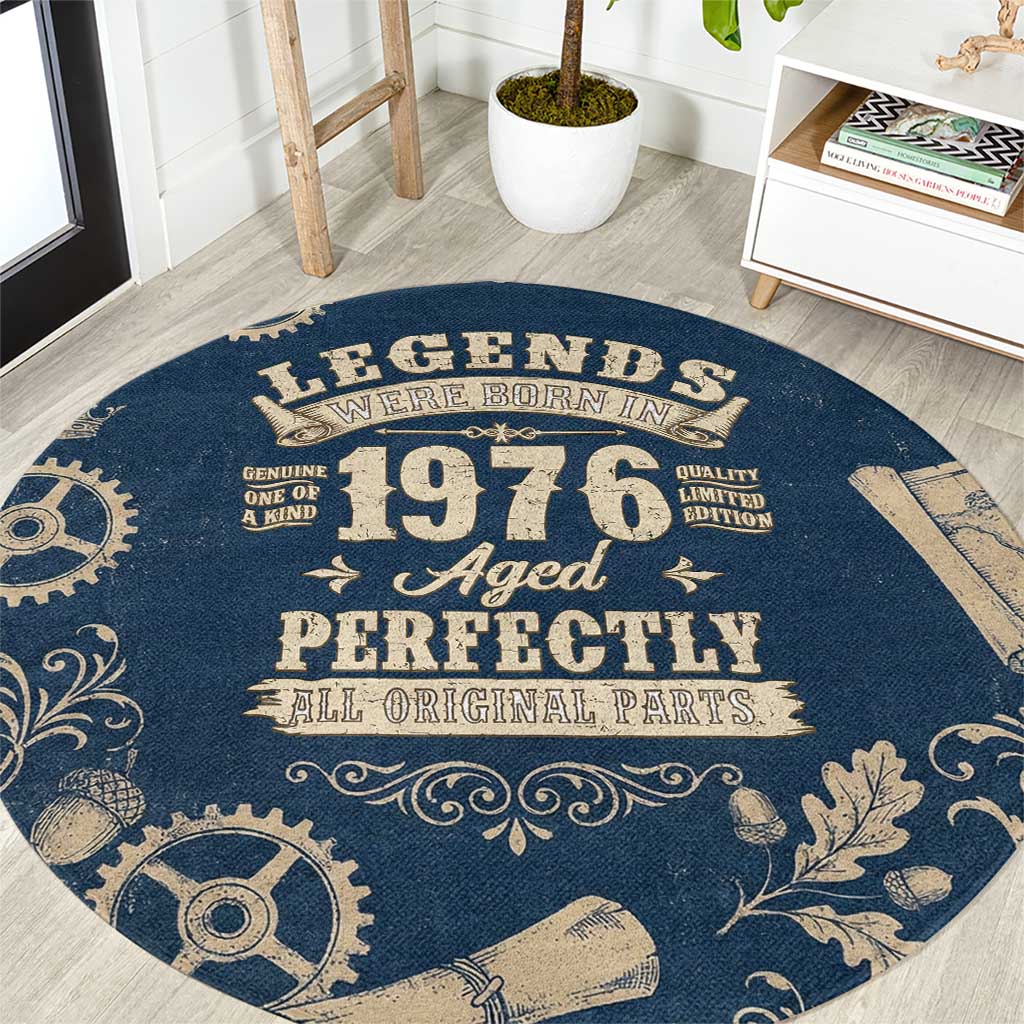 Legend 1976 Vintage Gears and Scrolls Design Round Carpet with Crown Motif in Classic Blue and Beige Retro