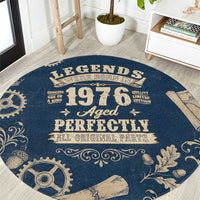 Legend 1976 Vintage Gears and Scrolls Design Round Carpet with Crown Motif in Classic Blue and Beige Retro