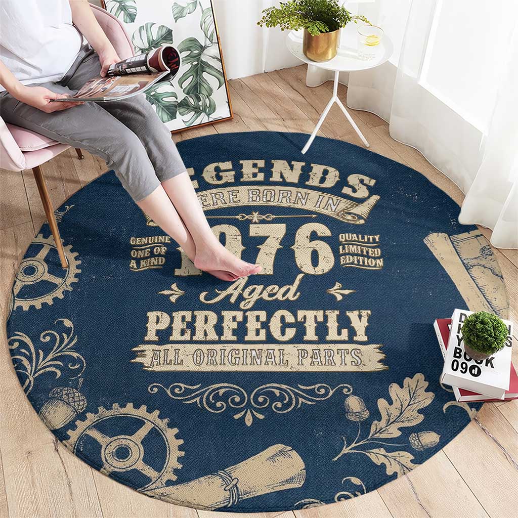 Legend 1976 Vintage Gears and Scrolls Design Round Carpet with Crown Motif in Classic Blue and Beige Retro