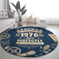 Legend 1976 Vintage Gears and Scrolls Design Round Carpet with Crown Motif in Classic Blue and Beige Retro