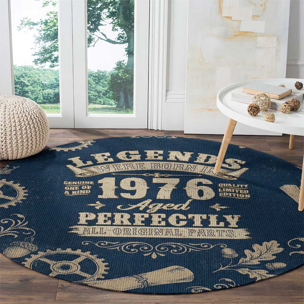 Legend 1976 Vintage Gears and Scrolls Design Round Carpet with Crown Motif in Classic Blue and Beige Retro
