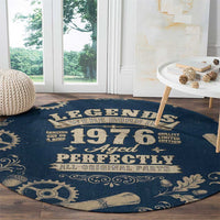 Legend 1976 Vintage Gears and Scrolls Design Round Carpet with Crown Motif in Classic Blue and Beige Retro