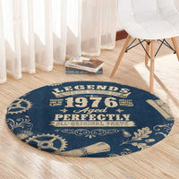 Legend 1976 Vintage Gears and Scrolls Design Round Carpet with Crown Motif in Classic Blue and Beige Retro