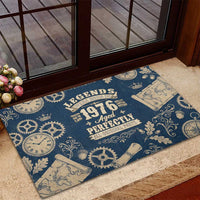 Legend 1976 Vintage Gears and Scrolls Design Rubber Doormat with Crown Motif in Classic Blue and Beige Retro