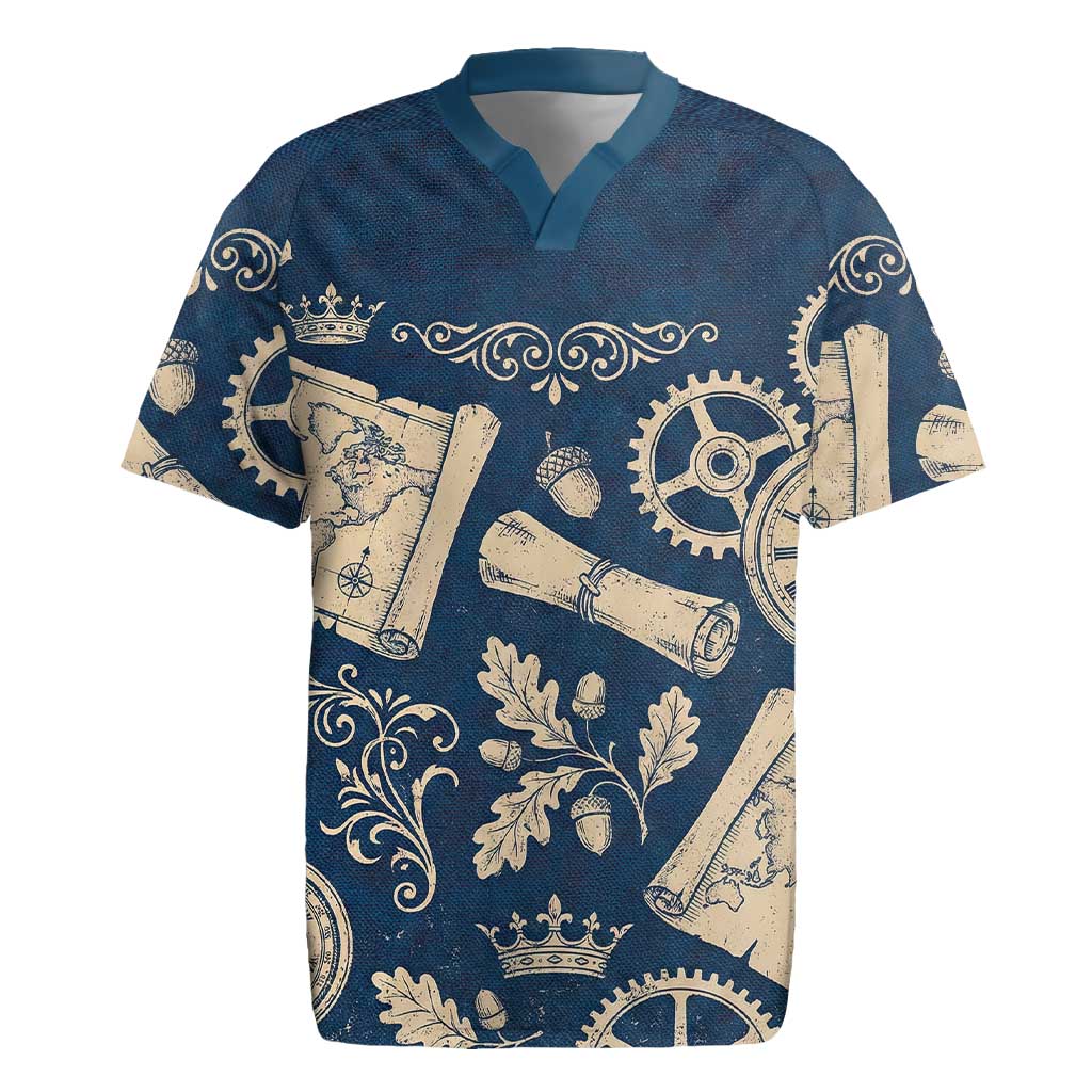 Legend 1976 Vintage Gears and Scrolls Design Rugby Jersey with Crown Motif in Classic Blue and Beige Retro