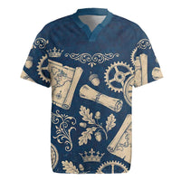 Legend 1976 Vintage Gears and Scrolls Design Rugby Jersey with Crown Motif in Classic Blue and Beige Retro