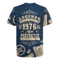 Legend 1976 Vintage Gears and Scrolls Design Rugby Jersey with Crown Motif in Classic Blue and Beige Retro