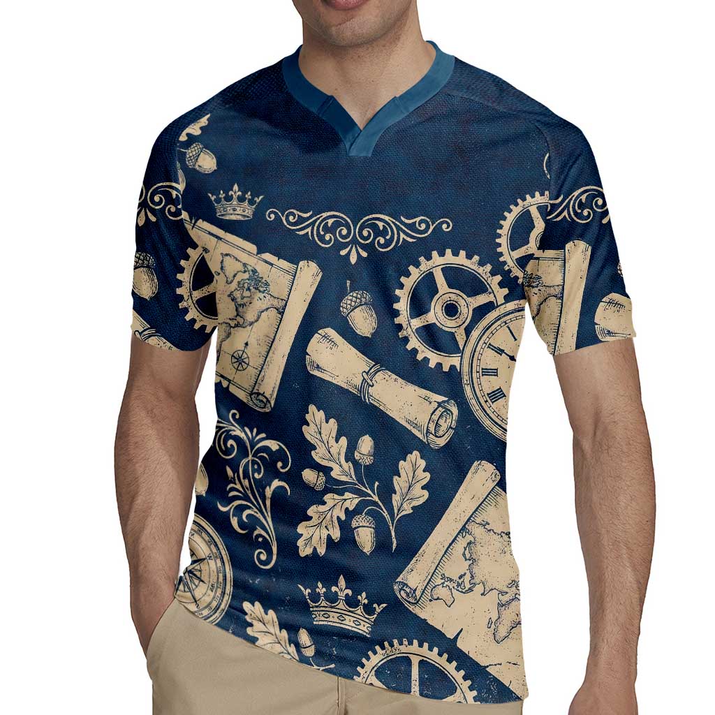 Legend 1976 Vintage Gears and Scrolls Design Rugby Jersey with Crown Motif in Classic Blue and Beige Retro
