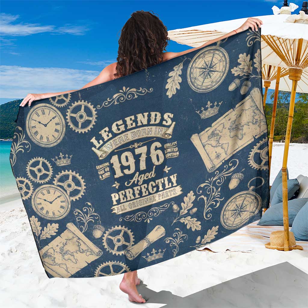 Legend 1976 Vintage Gears and Scrolls Design Sarong with Crown Motif in Classic Blue and Beige Retro