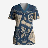 Legend 1976 Vintage Gears and Scrolls Design Scrub Top with Crown Motif in Classic Blue and Beige Retro