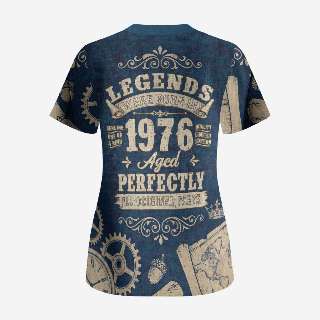 Legend 1976 Vintage Gears and Scrolls Design Scrub Top with Crown Motif in Classic Blue and Beige Retro