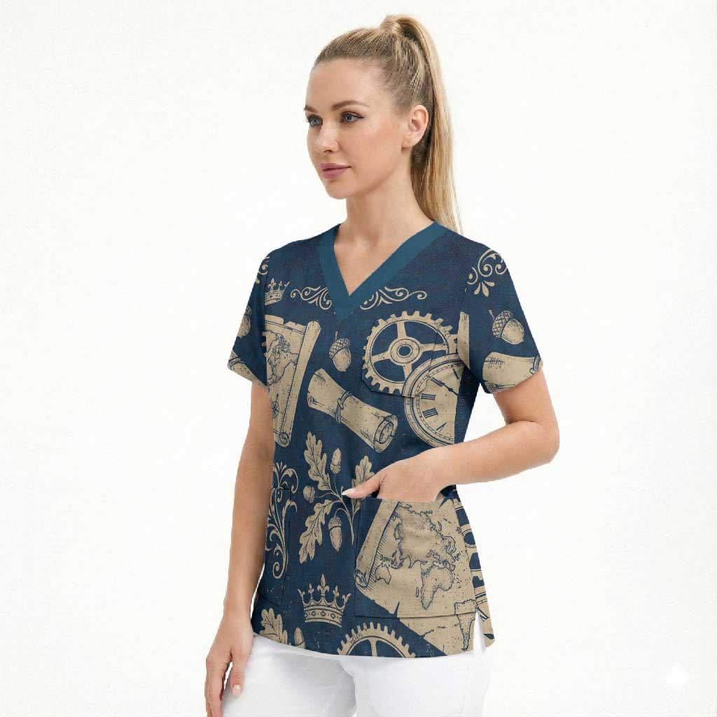 Legend 1976 Vintage Gears and Scrolls Design Scrub Top with Crown Motif in Classic Blue and Beige Retro