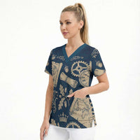 Legend 1976 Vintage Gears and Scrolls Design Scrub Top with Crown Motif in Classic Blue and Beige Retro