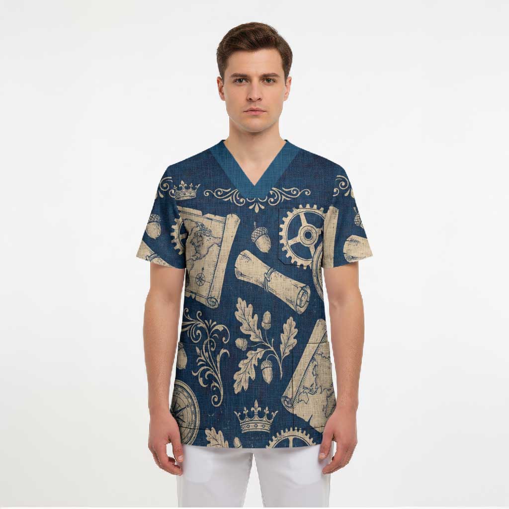 Legend 1976 Vintage Gears and Scrolls Design Scrub Top with Crown Motif in Classic Blue and Beige Retro