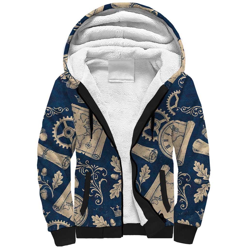 Legend 1976 Vintage Gears and Scrolls Design Sherpa Hoodie with Crown Motif in Classic Blue and Beige Retro
