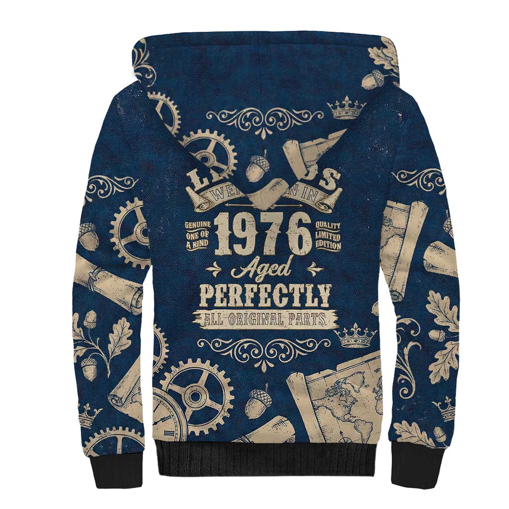 Legend 1976 Vintage Gears and Scrolls Design Sherpa Hoodie with Crown Motif in Classic Blue and Beige Retro