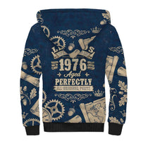Legend 1976 Vintage Gears and Scrolls Design Sherpa Hoodie with Crown Motif in Classic Blue and Beige Retro