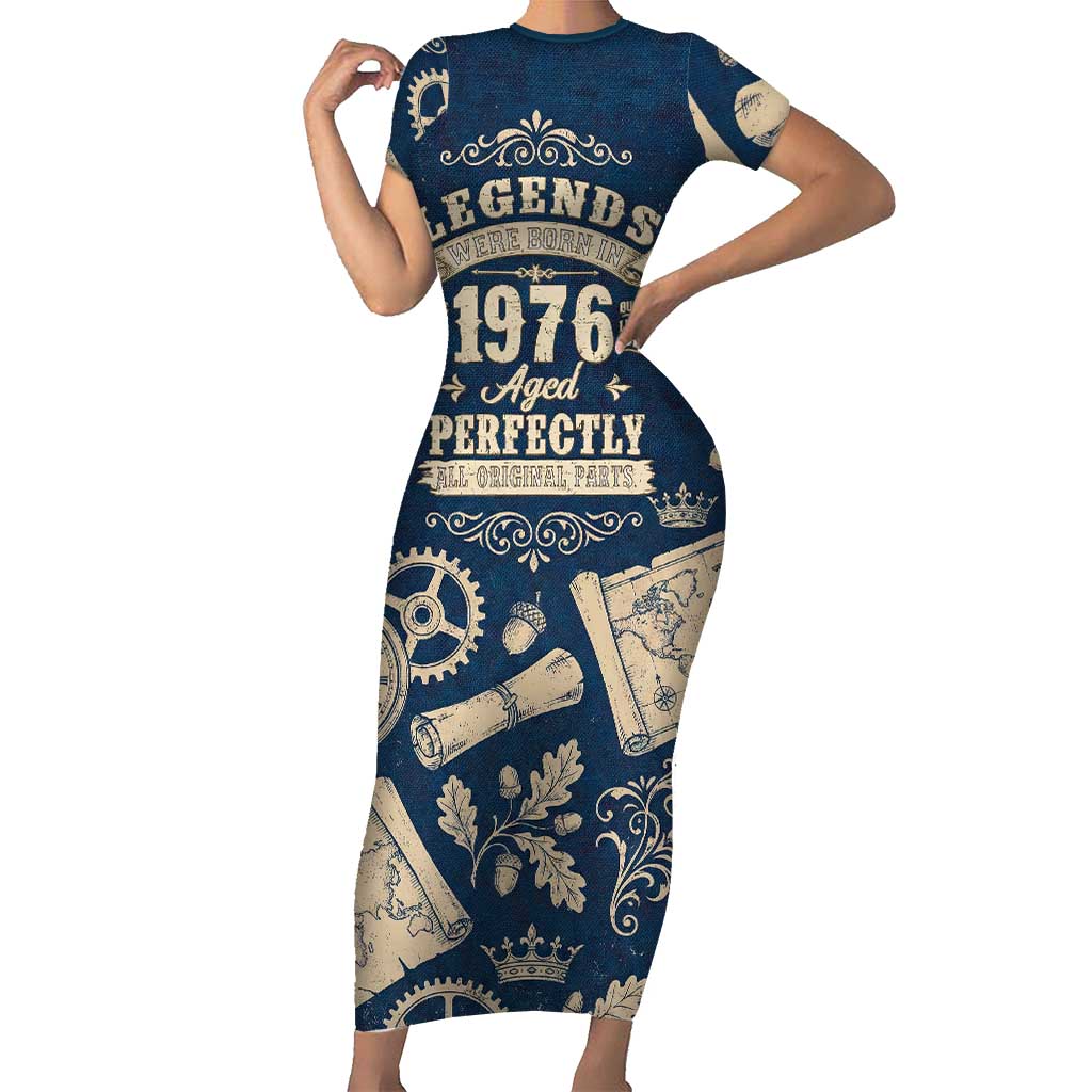 Legend 1976 Vintage Gears and Scrolls Design Short Sleeve Bodycon Dress with Crown Motif in Classic Blue and Beige Retro
