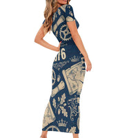 Legend 1976 Vintage Gears and Scrolls Design Short Sleeve Bodycon Dress with Crown Motif in Classic Blue and Beige Retro