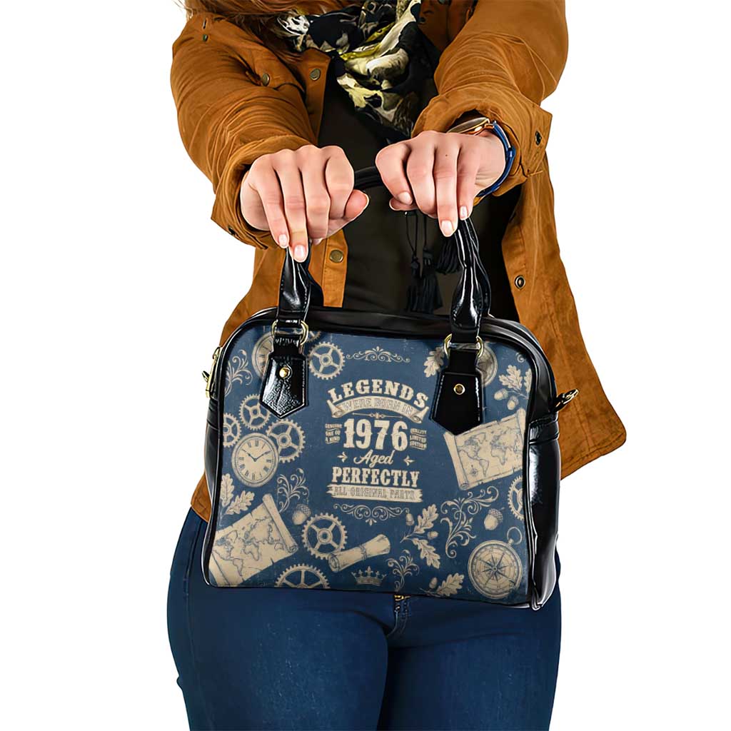 Legend 1976 Vintage Gears and Scrolls Design Shoulder Handbag with Crown Motif in Classic Blue and Beige Retro