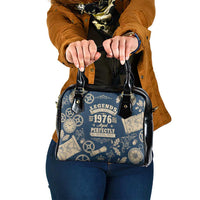 Legend 1976 Vintage Gears and Scrolls Design Shoulder Handbag with Crown Motif in Classic Blue and Beige Retro
