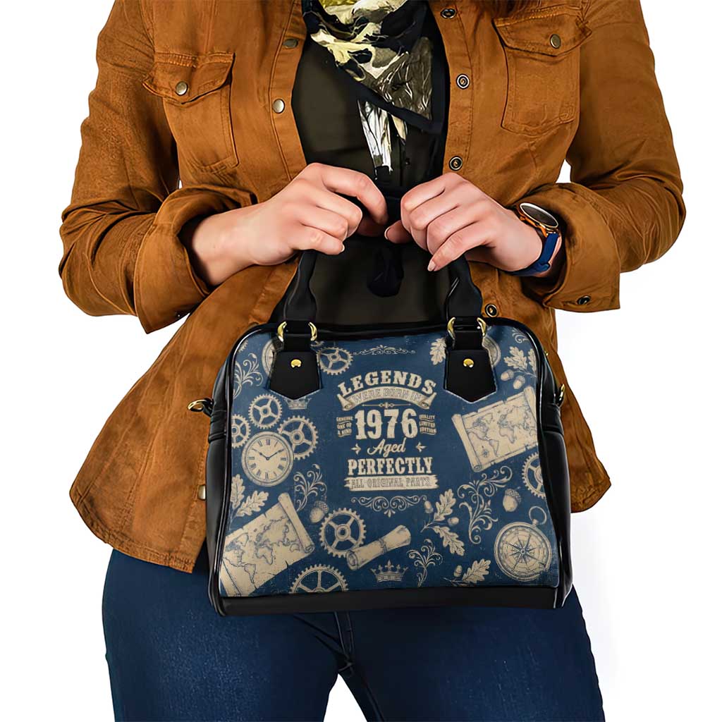 Legend 1976 Vintage Gears and Scrolls Design Shoulder Handbag with Crown Motif in Classic Blue and Beige Retro