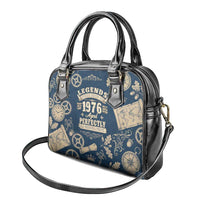 Legend 1976 Vintage Gears and Scrolls Design Shoulder Handbag with Crown Motif in Classic Blue and Beige Retro