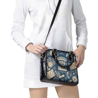 Legend 1976 Vintage Gears and Scrolls Design Shoulder Handbag with Crown Motif in Classic Blue and Beige Retro