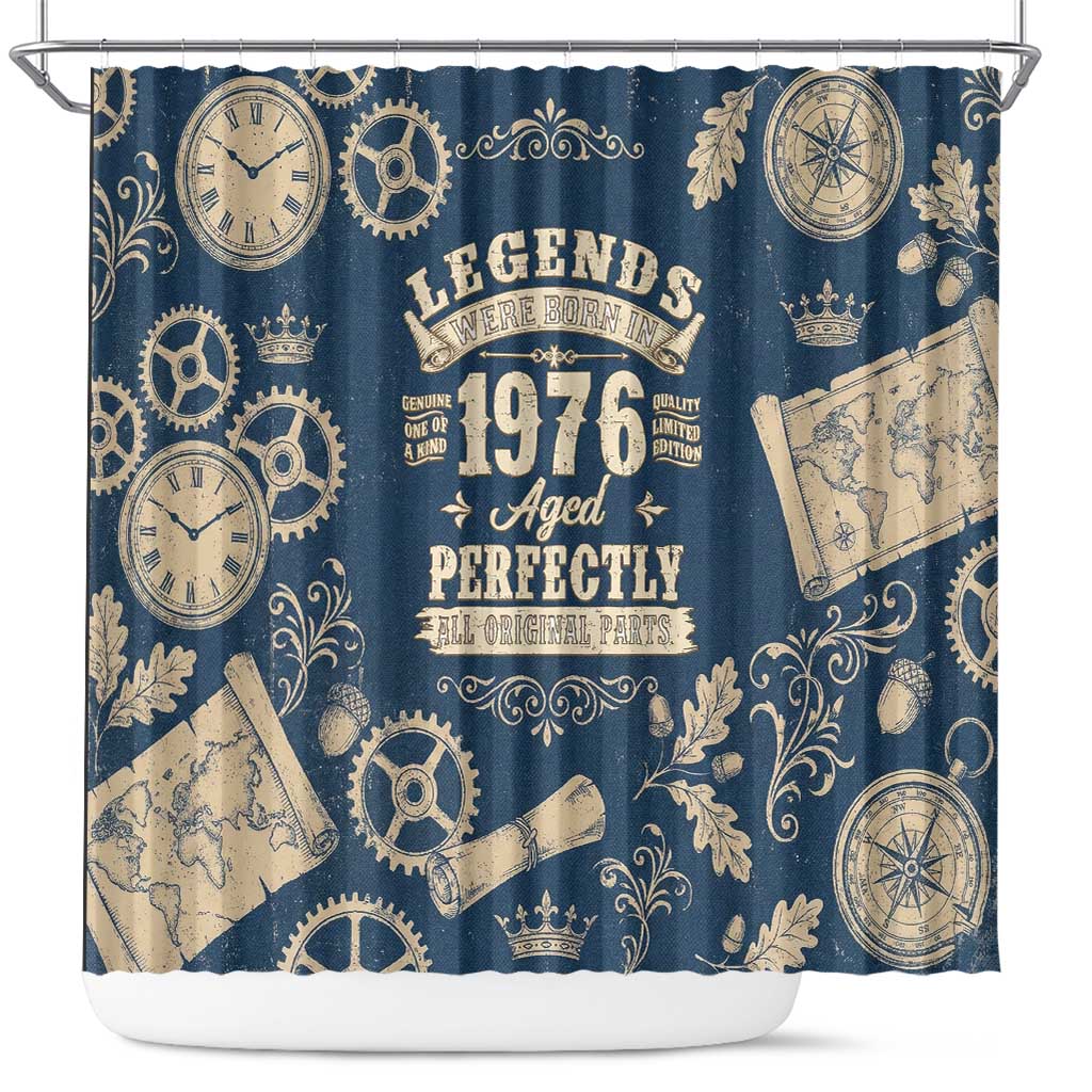 Legend 1976 Vintage Gears and Scrolls Design Shower Curtain with Crown Motif in Classic Blue and Beige Retro