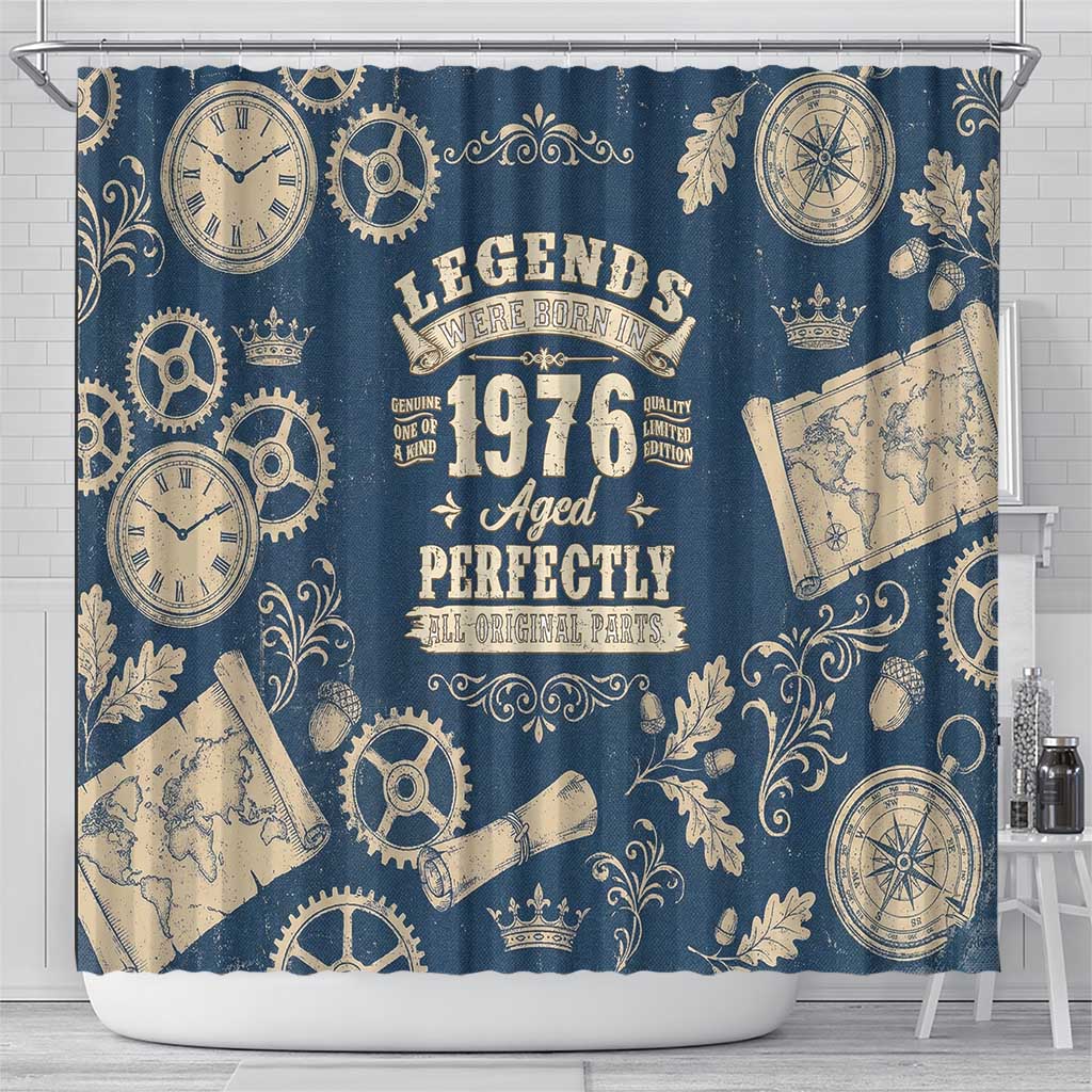 Legend 1976 Vintage Gears and Scrolls Design Shower Curtain with Crown Motif in Classic Blue and Beige Retro