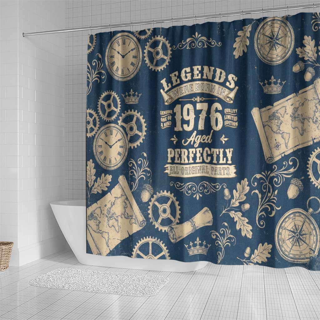 Legend 1976 Vintage Gears and Scrolls Design Shower Curtain with Crown Motif in Classic Blue and Beige Retro