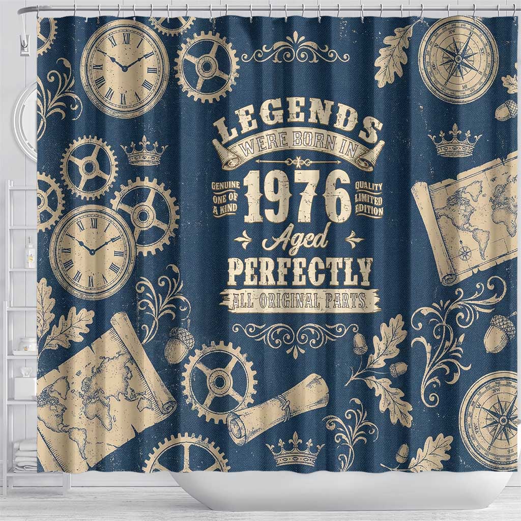 Legend 1976 Vintage Gears and Scrolls Design Shower Curtain with Crown Motif in Classic Blue and Beige Retro