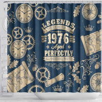 Legend 1976 Vintage Gears and Scrolls Design Shower Curtain with Crown Motif in Classic Blue and Beige Retro