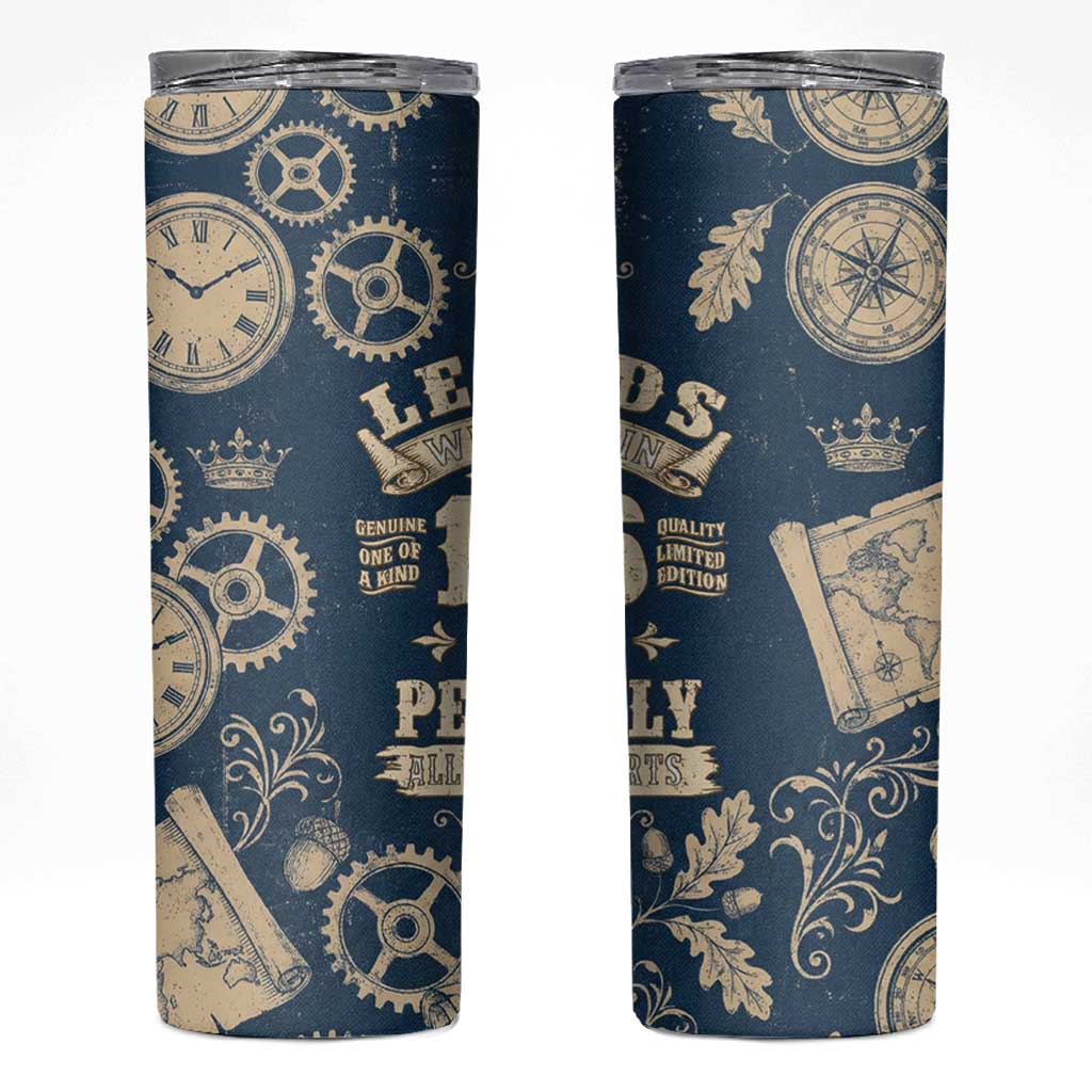 Legend 1976 Vintage Gears and Scrolls Design Skinny Tumbler with Crown Motif in Classic Blue and Beige Retro