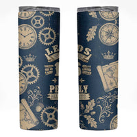 Legend 1976 Vintage Gears and Scrolls Design Skinny Tumbler with Crown Motif in Classic Blue and Beige Retro