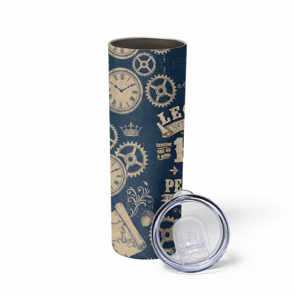 Legend 1976 Vintage Gears and Scrolls Design Skinny Tumbler with Crown Motif in Classic Blue and Beige Retro