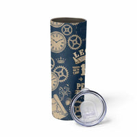Legend 1976 Vintage Gears and Scrolls Design Skinny Tumbler with Crown Motif in Classic Blue and Beige Retro