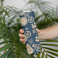 Legend 1976 Vintage Gears and Scrolls Design Skinny Tumbler with Crown Motif in Classic Blue and Beige Retro