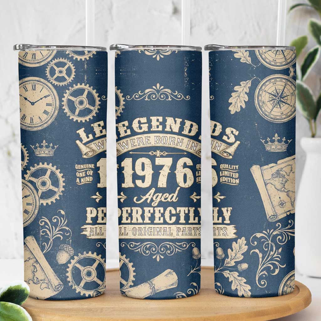 Legend 1976 Vintage Gears and Scrolls Design Skinny Tumbler with Crown Motif in Classic Blue and Beige Retro
