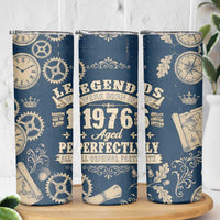 Legend 1976 Vintage Gears and Scrolls Design Skinny Tumbler with Crown Motif in Classic Blue and Beige Retro