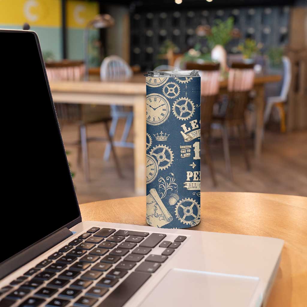 Legend 1976 Vintage Gears and Scrolls Design Skinny Tumbler with Crown Motif in Classic Blue and Beige Retro