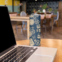 Legend 1976 Vintage Gears and Scrolls Design Skinny Tumbler with Crown Motif in Classic Blue and Beige Retro